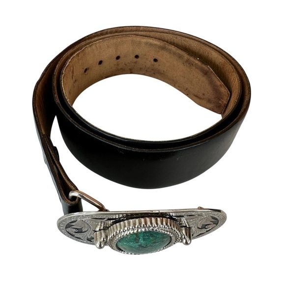 Men's Navajo Turquoise Silver Buckle Aniline Steerhide Black Leather Belt, 42 - Picture 3 of 12